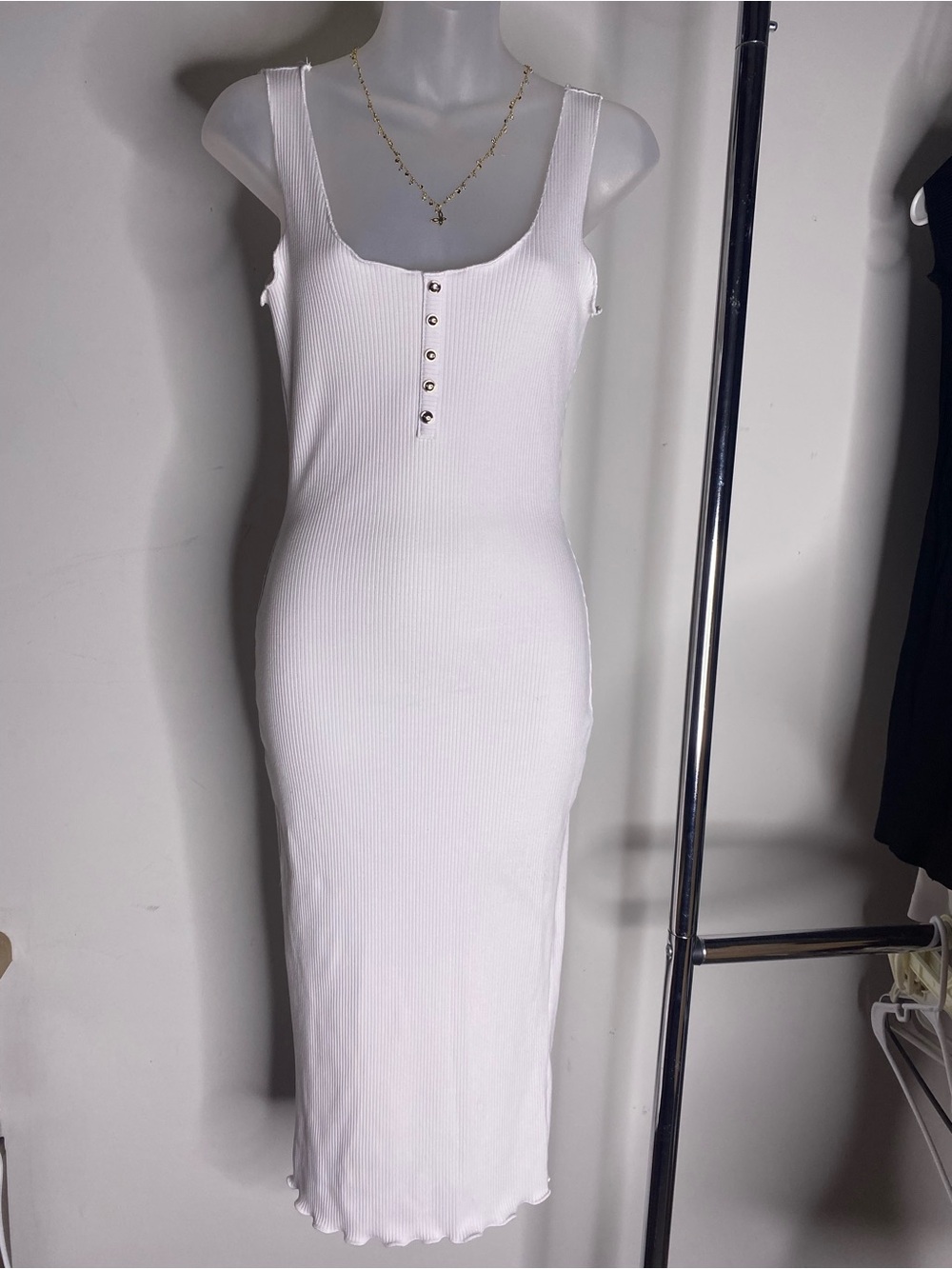 White Ribbed Scoop Neck Midi Dress